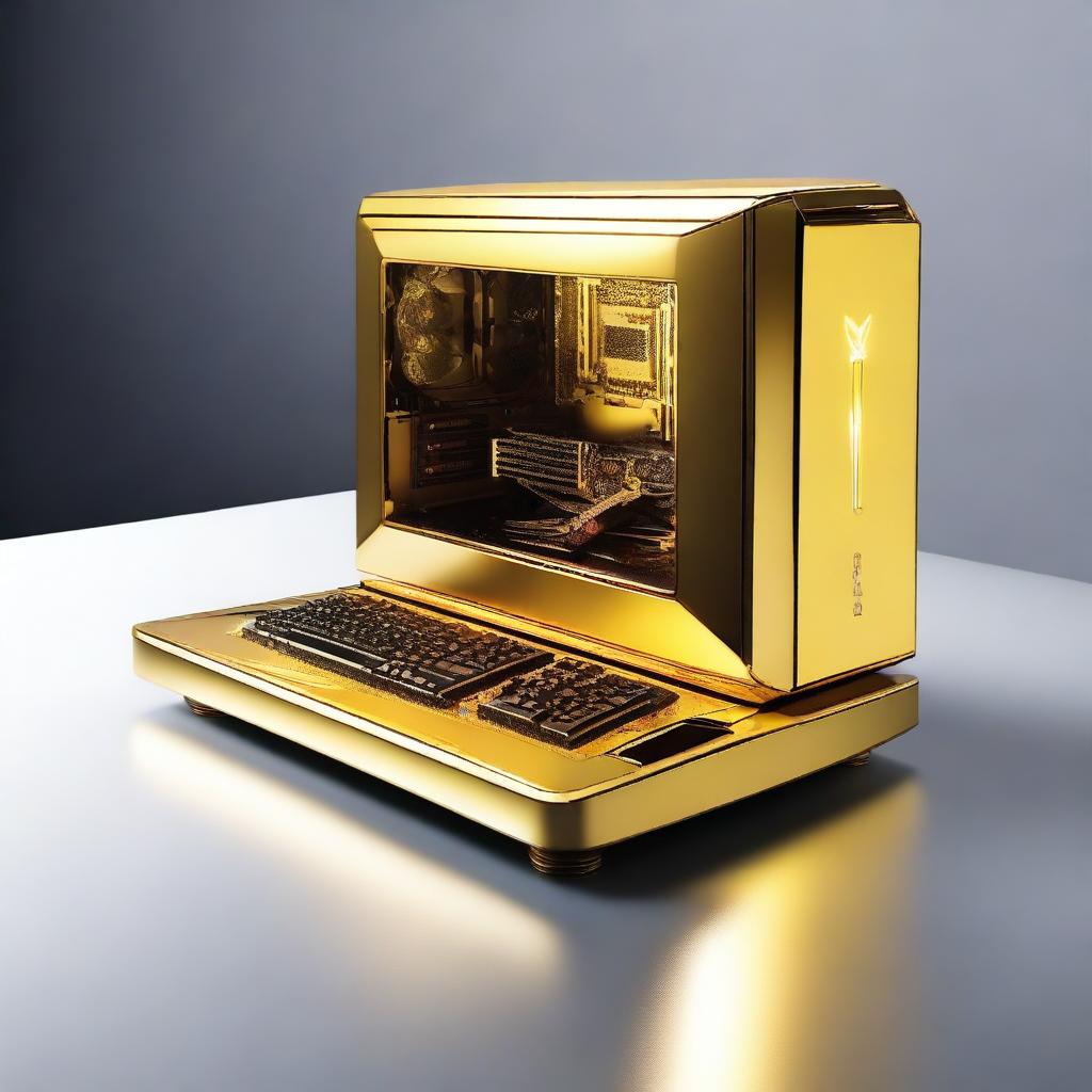 A shimmering golden gaming computer