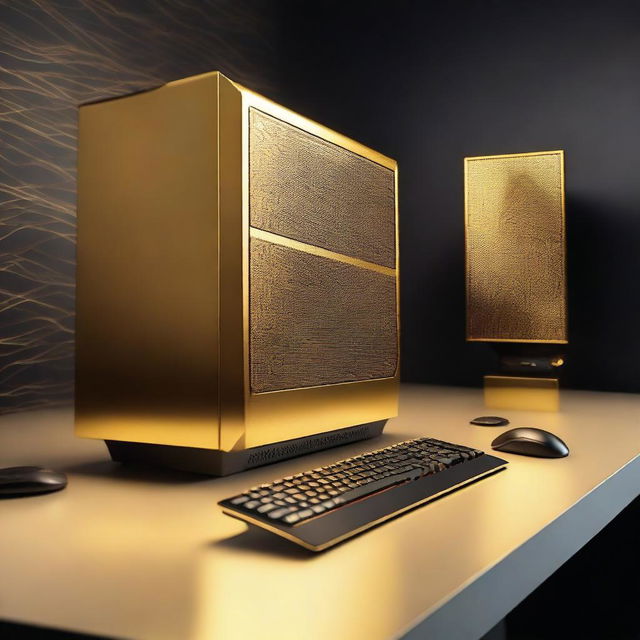 A shimmering golden gaming computer