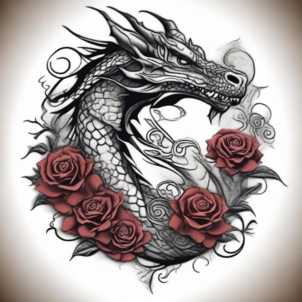 Generate a detailed and intricate image of a unique, artistic tattoo featuring a dragon intertwined with a rose.