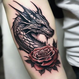 Generate a detailed and intricate image of a unique, artistic tattoo featuring a dragon intertwined with a rose.