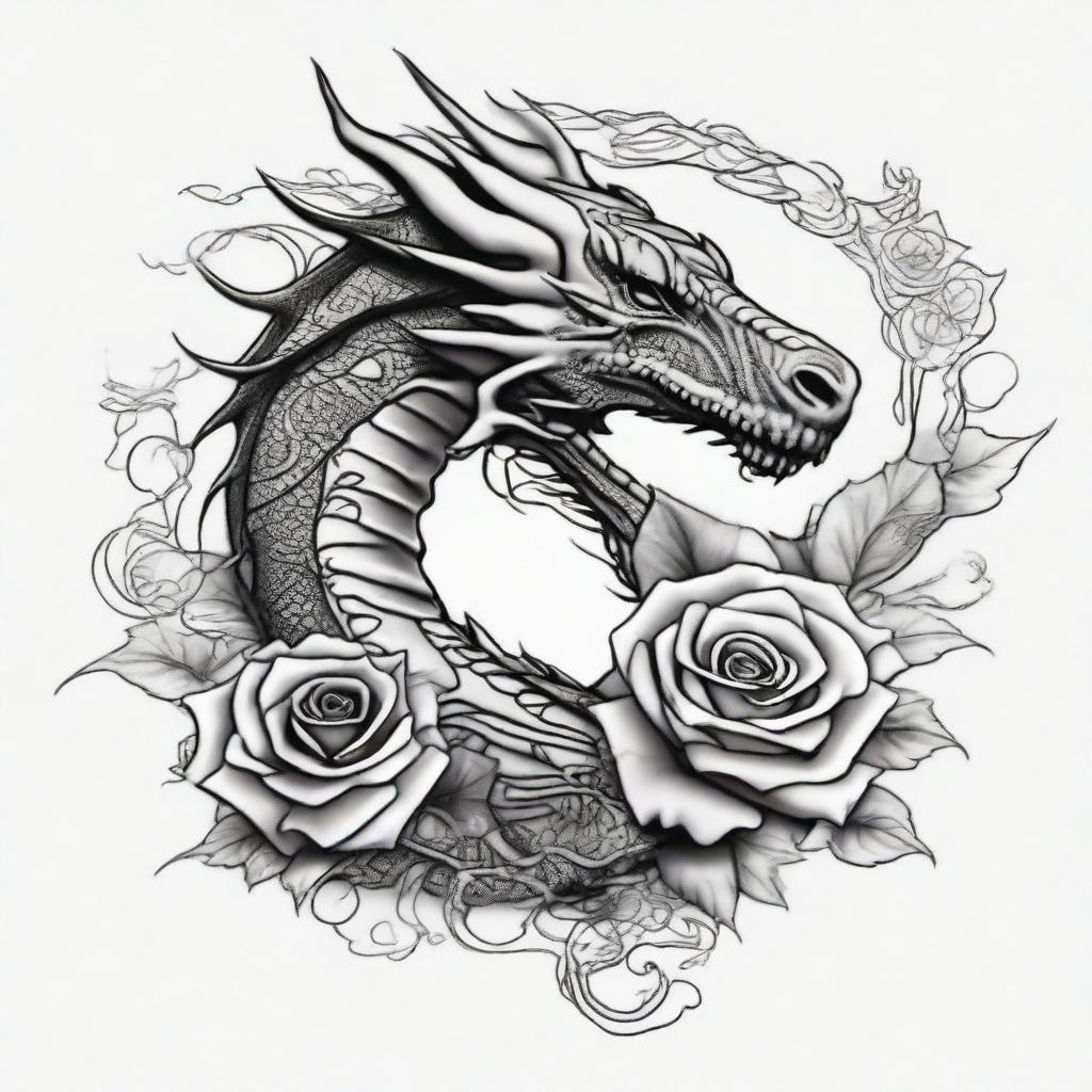 Generate a detailed and intricate image of a unique, artistic tattoo featuring a dragon intertwined with a rose.