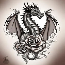 Generate a detailed and intricate image of a unique, artistic tattoo featuring a dragon intertwined with a rose.