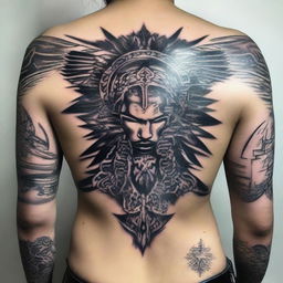 Intricate tattoos symbolizing a fierce battle against negative thoughts, incorporating elements like a warrior, dark clouds, and rays of light