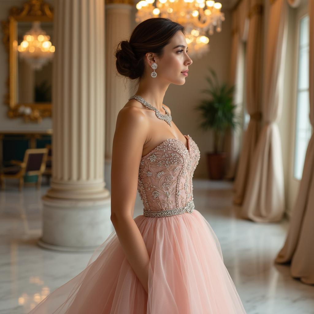 An elegant rich girl in a sophisticated setting, adorned in an exquisite, designer gown that flows gracefully around her