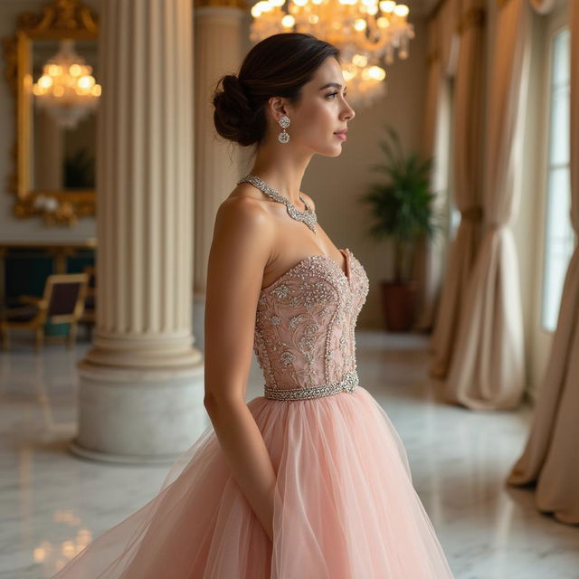 An elegant rich girl in a sophisticated setting, adorned in an exquisite, designer gown that flows gracefully around her