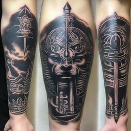 Intricate tattoos symbolizing a fierce battle against negative thoughts, incorporating elements like a warrior, dark clouds, and rays of light