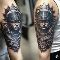 Intricate tattoos symbolizing a fierce battle against negative thoughts, incorporating elements like a warrior, dark clouds, and rays of light