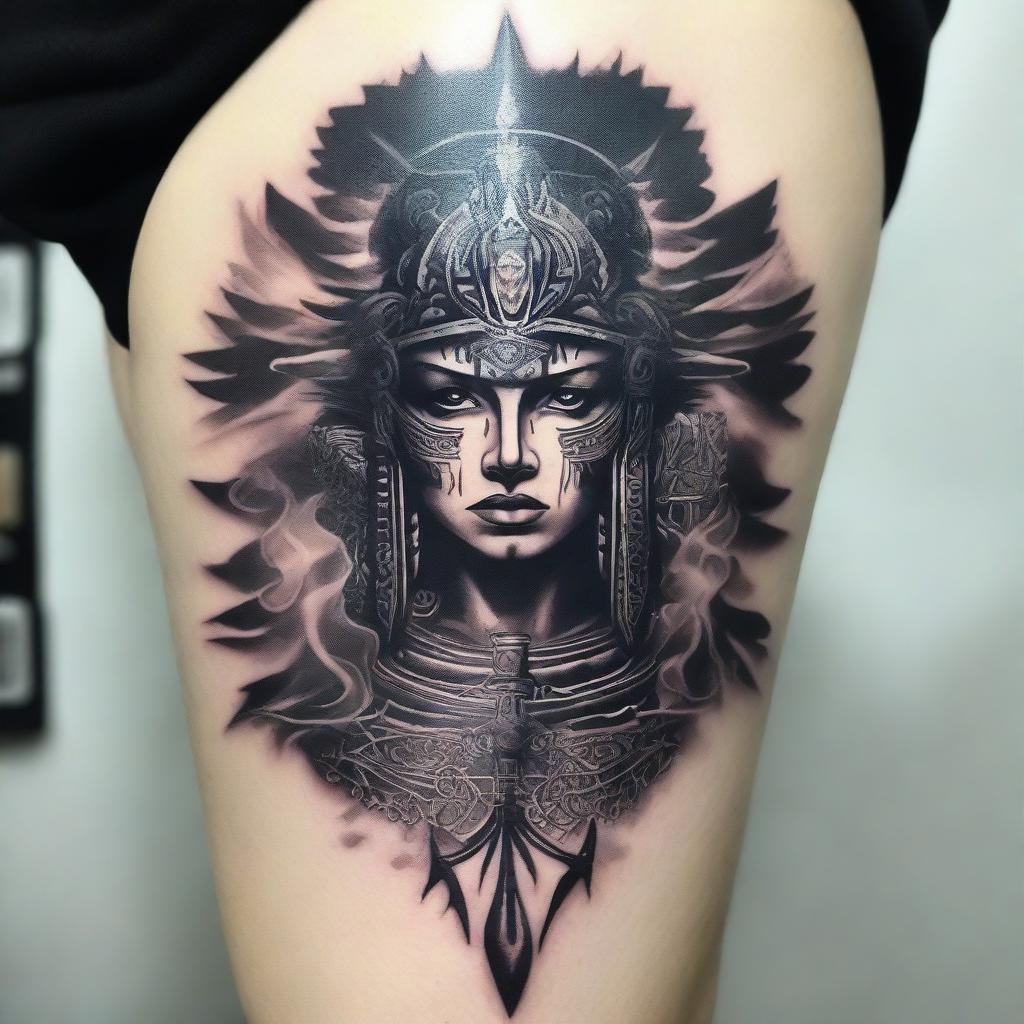 Intricate tattoos symbolizing a fierce battle against negative thoughts, incorporating elements like a warrior, dark clouds, and rays of light