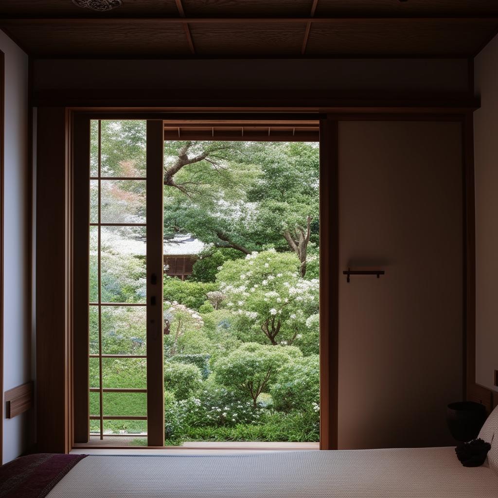 An old Japanese style Machiya bedroom interior, with a serene rose garden visible through a sliding door in the background.