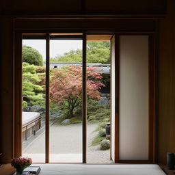 An old Japanese style Machiya bedroom interior, with a serene rose garden visible through a sliding door in the background.