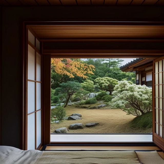 An old Japanese style Machiya bedroom interior, with a serene rose garden visible through a sliding door in the background.