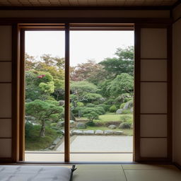 An old Japanese style Machiya bedroom interior, with a serene rose garden visible through a sliding door in the background.