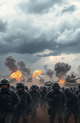 A dramatic and intense battlefield scene, showcasing soldiers in various states of action