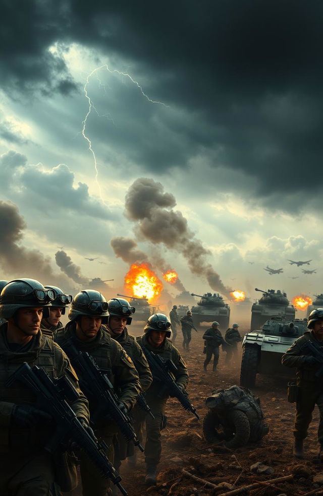 A dramatic and intense battlefield scene, showcasing soldiers in various states of action