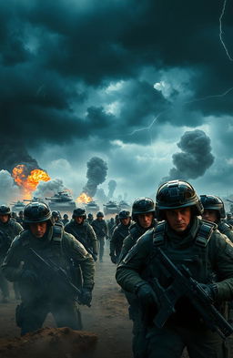 A dramatic and intense battlefield scene, showcasing soldiers in various states of action