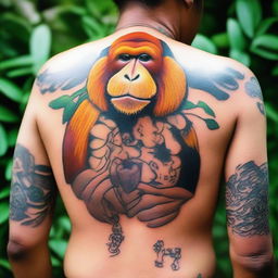 A bekantan (Proboscis monkey) with unique tattoos designed by an artist named Nanda.