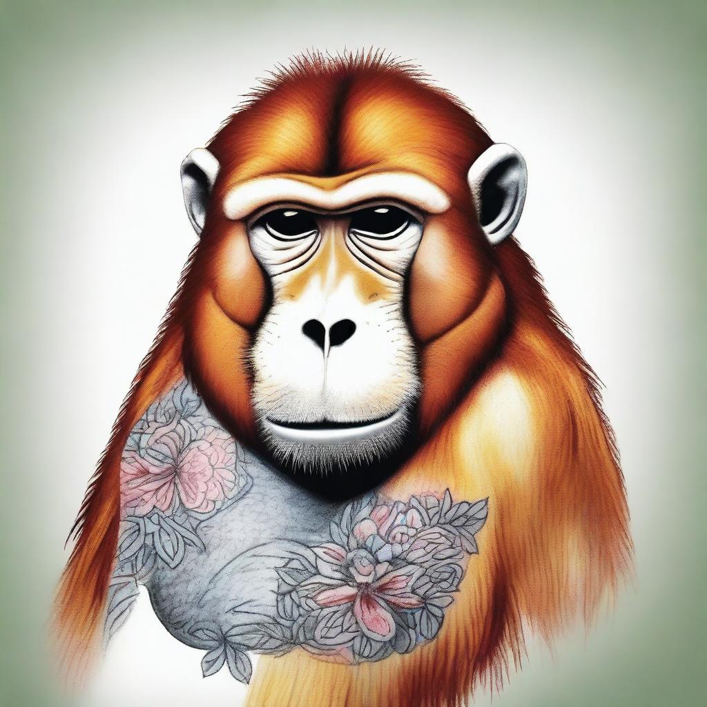 A bekantan (Proboscis monkey) with unique tattoos designed by an artist named Nanda.