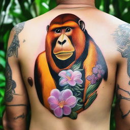 A bekantan (Proboscis monkey) with unique tattoos designed by an artist named Nanda.