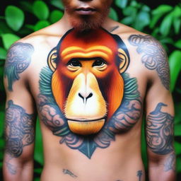 A bekantan (Proboscis monkey) with unique tattoos designed by an artist named Nanda.