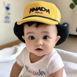 A cute baby wearing a hat that has 'Nanda' written on it.