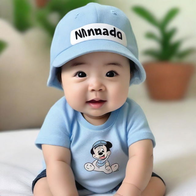 A cute baby wearing a hat that has 'Nanda' written on it.