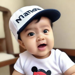 A cute baby wearing a hat that has 'Nanda' written on it.