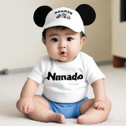 A cute baby wearing a hat that has 'Nanda' written on it.