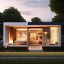 A cost-minimized, space-optimized home design on a 20 by 40 land. It should include two bedrooms, a kitchen, a bathroom, and a car-parking space.