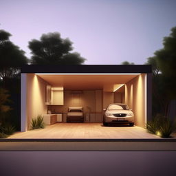 Design a minimalist, cost-efficient home on a 20x40 land, optimized for space use. The layout should include two bedrooms, one kitchen, one washroom, and a dedicated car park area.