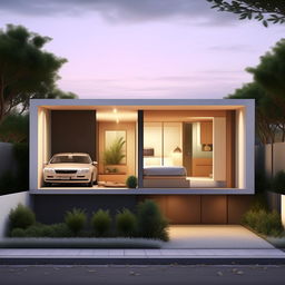 Design a minimalist, cost-efficient home on a 20x40 land, optimized for space use. The layout should include two bedrooms, one kitchen, one washroom, and a dedicated car park area.