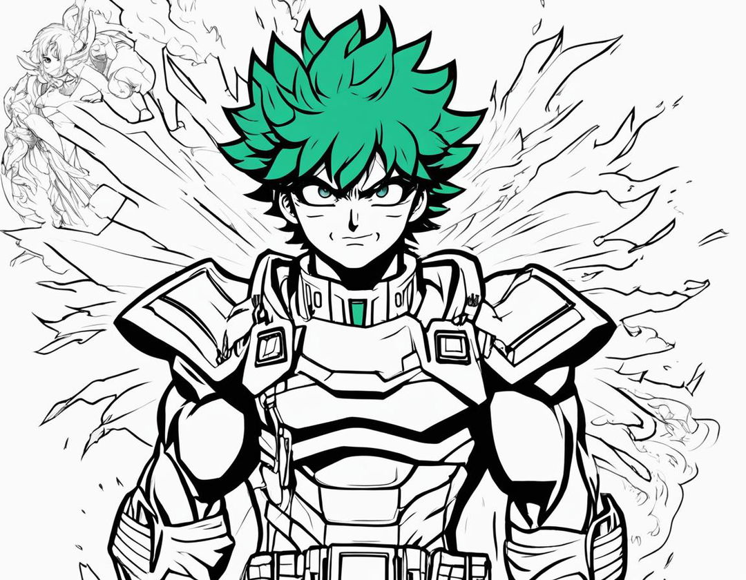 Midoriya Izuku from My Hero Academia reimagined in a colouring book style