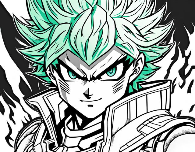 Midoriya Izuku from My Hero Academia reimagined in a colouring book style