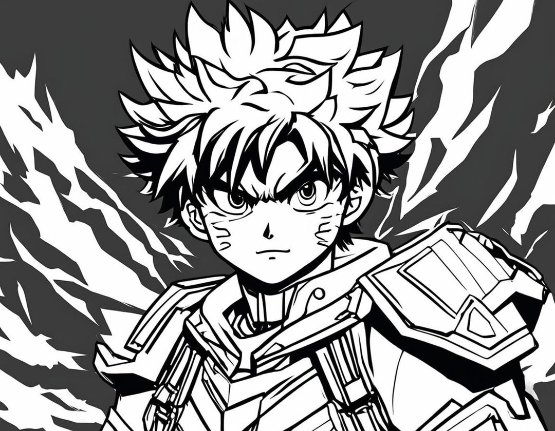 Midoriya Izuku from My Hero Academia reimagined in a monochrome colouring book style