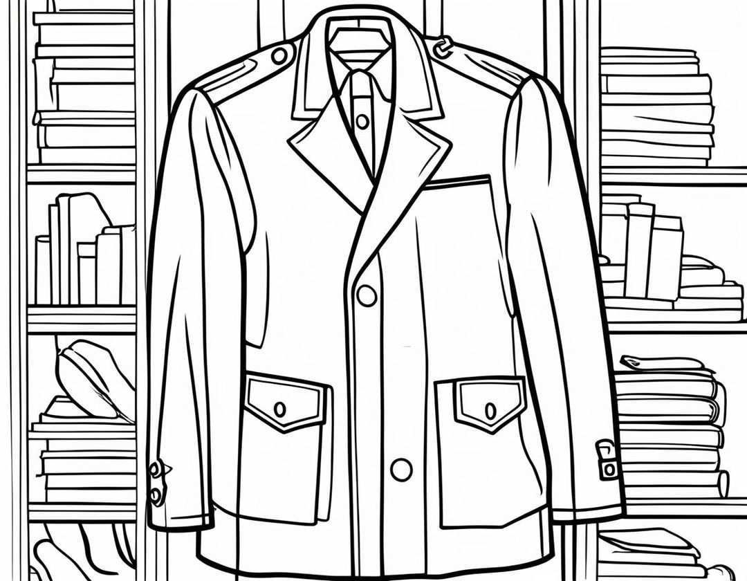 A colouring book page featuring an empty dark uniform and red and white coat.