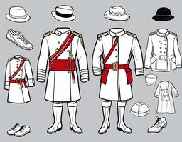 A colouring book page featuring an empty dark uniform and red and white coat.