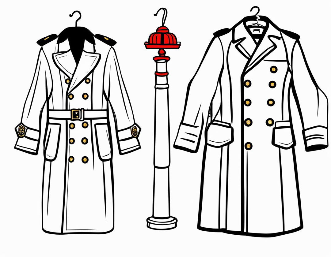 A colouring book page featuring an empty dark uniform and red and white coat.