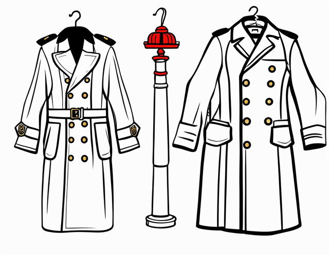 A colouring book page featuring an empty dark uniform and red and white coat.