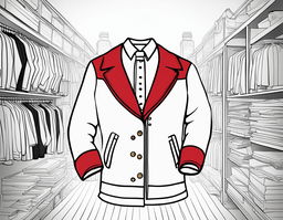 A colouring book page featuring an empty dark uniform and red and white coat.