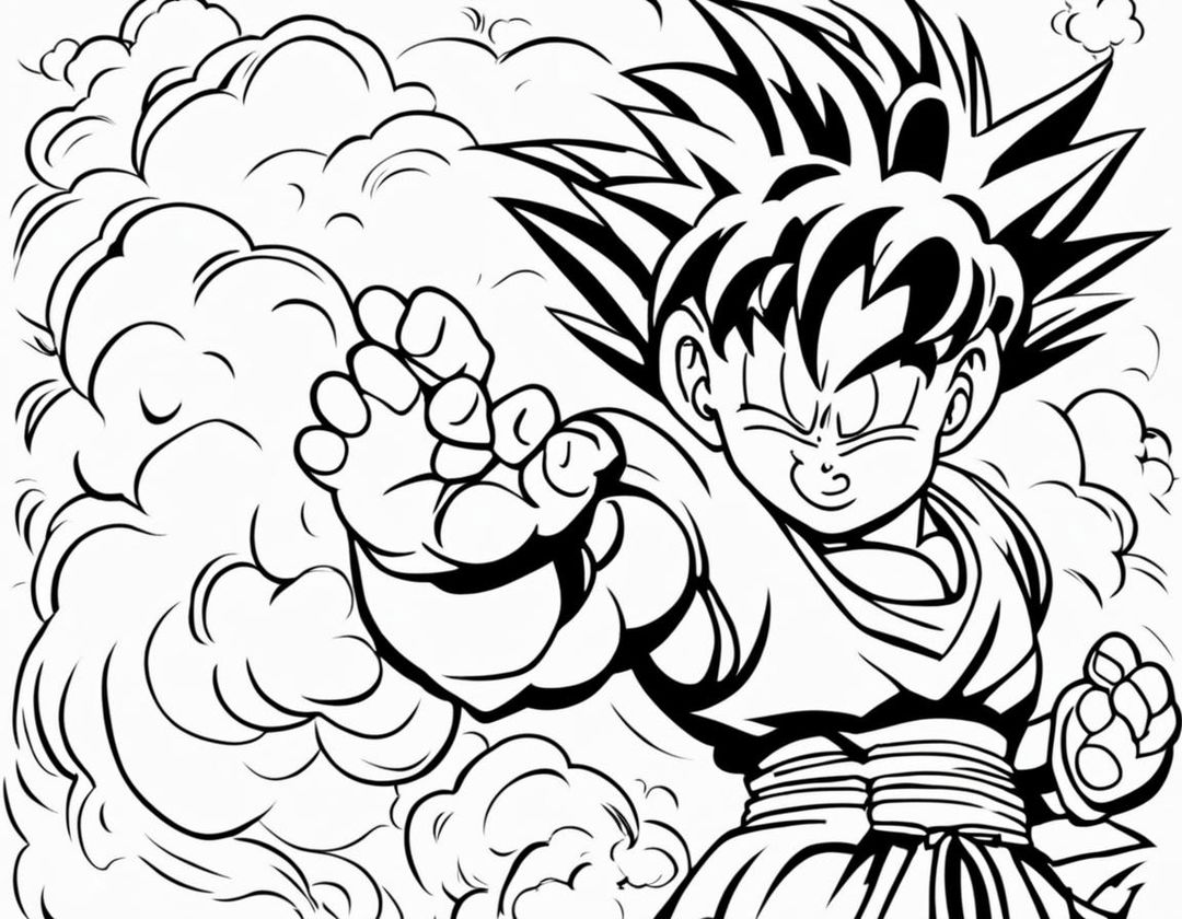 A Dragonball style colouring book page featuring Goku in a dynamic pose with a simple background.