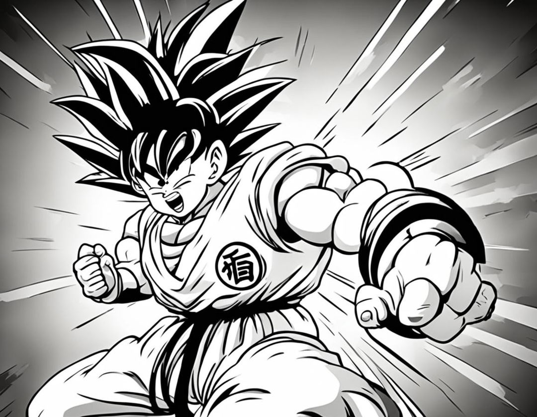 A Dragonball style colouring book page featuring Goku in a dynamic pose with a simple background.