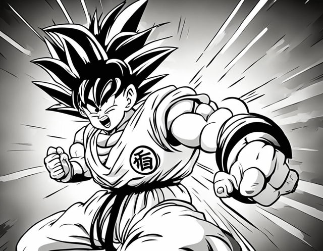 A Dragonball style colouring book page featuring Goku in a dynamic pose with a simple background.