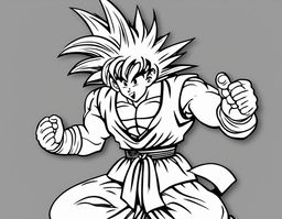 A Dragonball style colouring book page featuring Goku in a dynamic pose with a simple background.