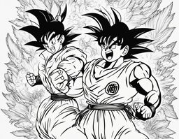 A Dragonball style colouring book page featuring Goku in a dynamic pose with a simple background.