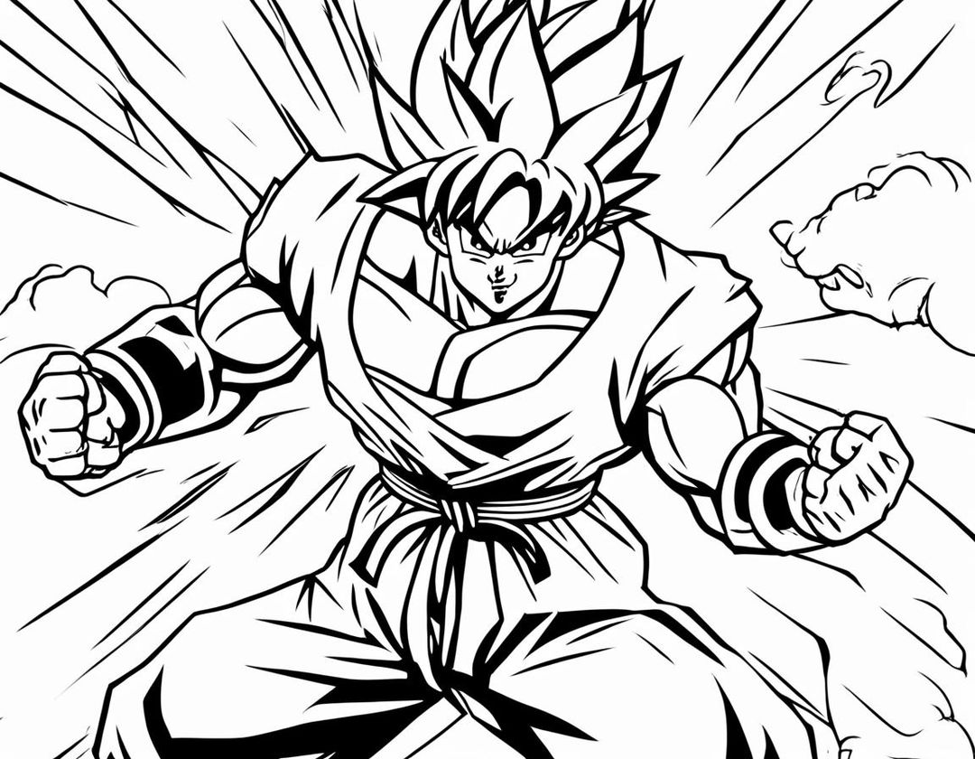 A colouring book page featuring Goku in a dynamic pose with a simple background.