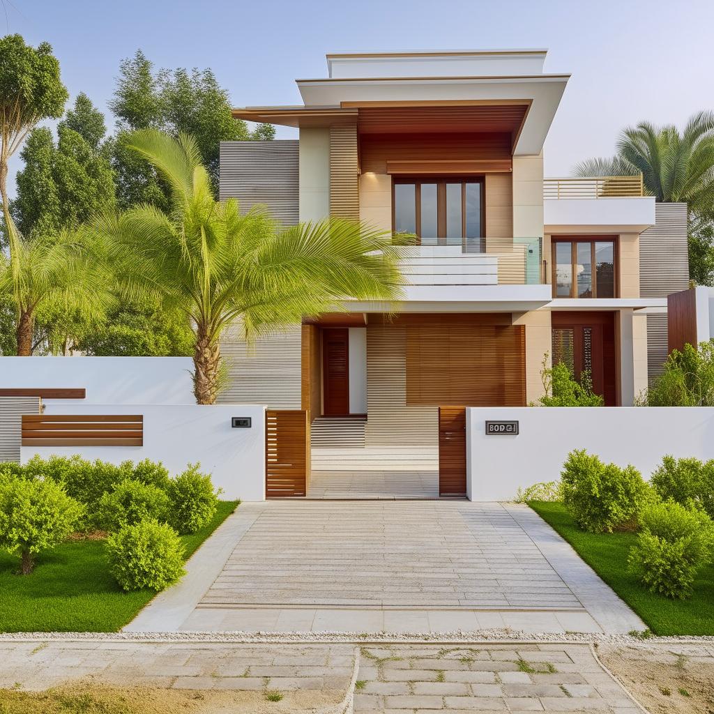 Exterior design of a modern 3 marla house with luxurious landscaping and elegant architecture.