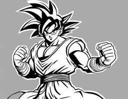 A colouring book page featuring Goku in a dynamic pose with a simple background.