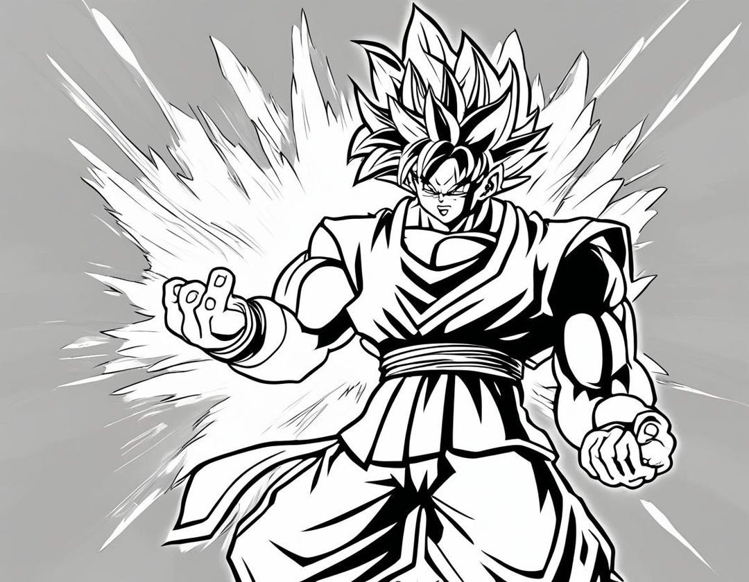 A colouring book page featuring Goku in a dynamic pose with a simple background.