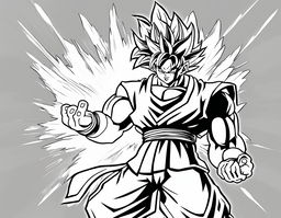 A colouring book page featuring Goku in a dynamic pose with a simple background.