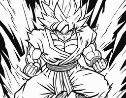 A colouring book page featuring Goku in a dynamic pose with a simple background.