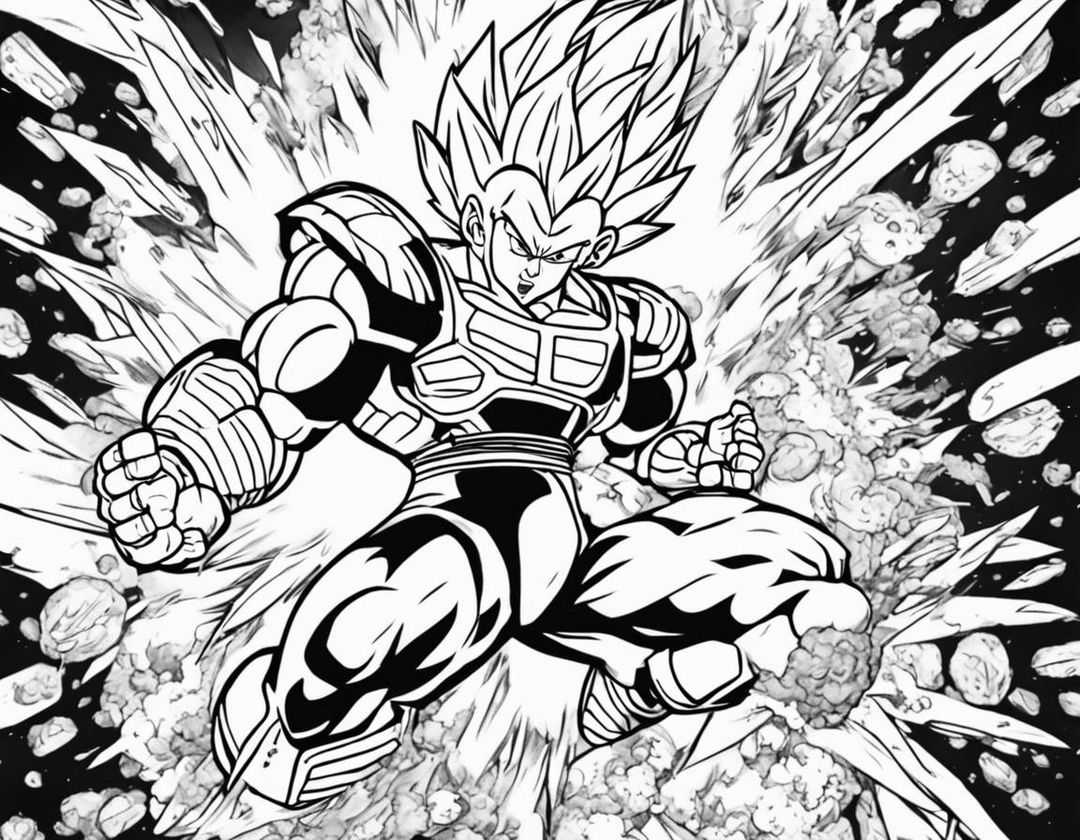 Dragonball-style colouring book page featuring Vegeta in battle armor amidst explosive energy blasts and flying debris.